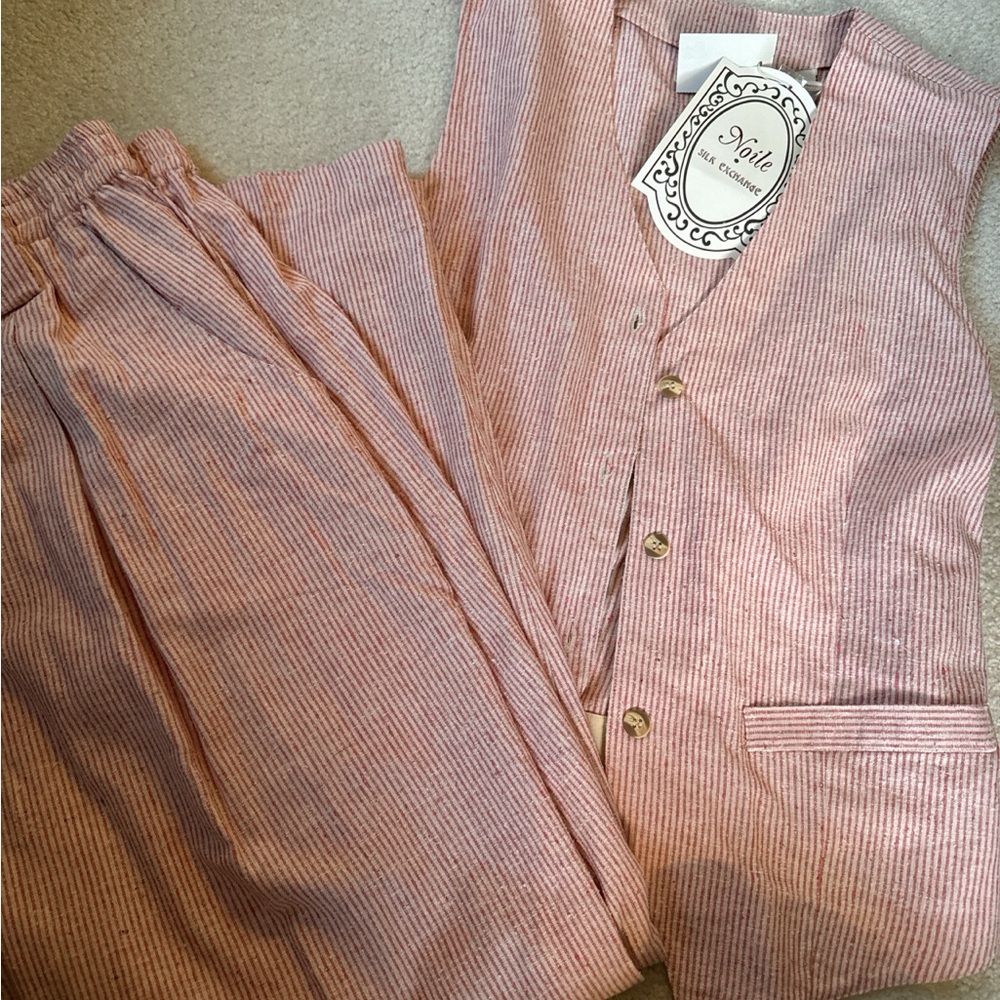 Pink and cream plaid button-up top and striped pants set #cottagecore 100% silk